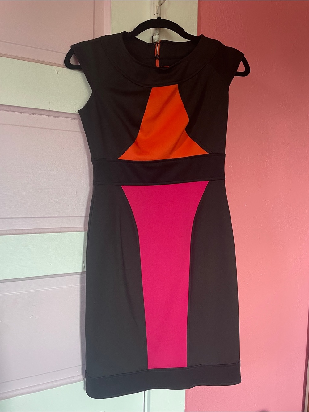 Julian Taylor Black Sheath Dress with Hot Pink and Orange Panels